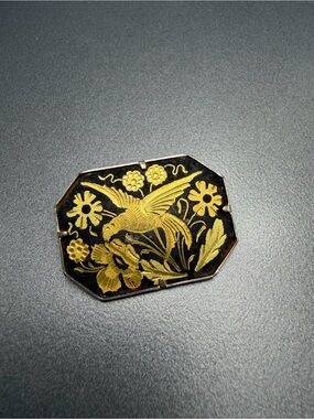 Vintage Damascene Bird Floral Octagon Brooch #12da